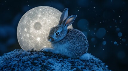 Wall Mural - realistic floating moon softly illuminated with a rabbit resting peacefully on top
