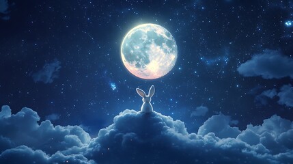 Wall Mural - soft glowing moon floating in a starry sky with a whimsical rabbit perched on its surface