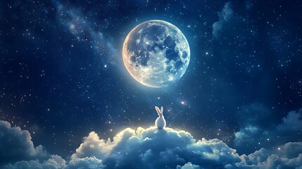 Wall Mural - soft glowing moon floating in a starry sky with a whimsical rabbit perched on its surface