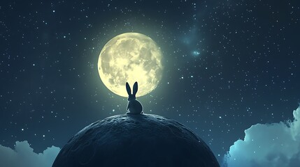 Wall Mural - soft glowing moon floating in a starry sky with a whimsical rabbit perched on its surface