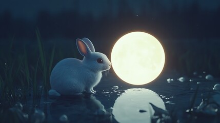 Wall Mural - cute rabbit exploring the glowing surface of a realistic floating moon in a calm night setting