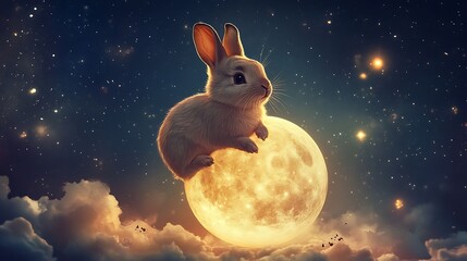 Wall Mural - adorable moon rabbit resting on a luminous floating moon surrounded by celestial wonders