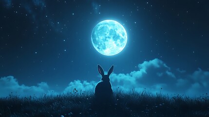 Wall Mural - realistic glowing moon with a rabbit enjoying the calmness of a tranquil night sky