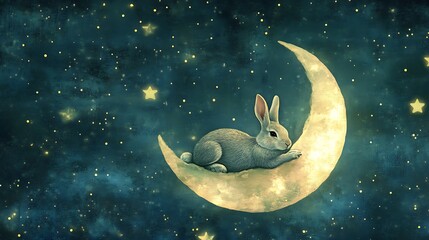 Wall Mural - whimsical rabbit lounging on a softly glowing floating moon in a starlit celestial scene