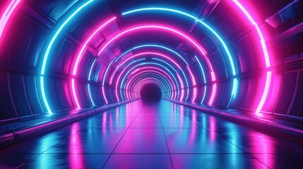 Poster - Futuristic tunnel glows with vibrant pink, blue neon lights. Circular neon lights line walls of tunnel. Tunnel dark, techy. Polished floor reflects vibrant colors. Graphic design render. Modern