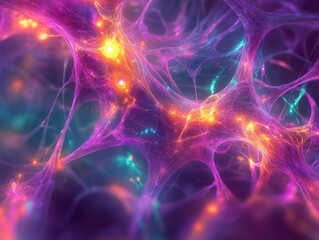 Poster - Abstract Glowing Network Vibrant Purple, Orange, and Teal Energy Web, Intricate Mesh Structure, Digital Art Background