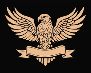 Vintage eagle emblem with spread wings and blank ribbon banner. Layered vector design isolated on black background.