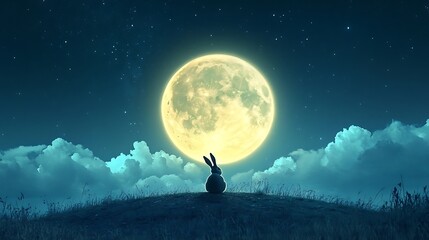 Wall Mural - floating realistic moon glowing warmly with a playful rabbit perched on its surface