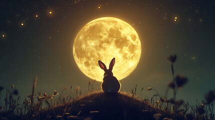 Wall Mural - floating realistic moon glowing warmly with a playful rabbit perched on its surface