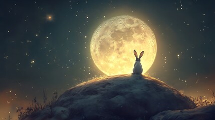 Wall Mural - floating realistic moon glowing warmly with a playful rabbit perched on its surface