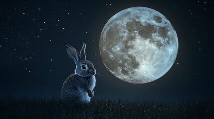 Wall Mural - floating realistic moon glowing warmly with a playful rabbit perched on its surface