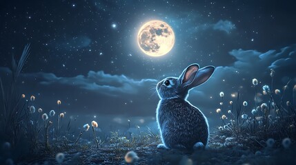 Wall Mural - cute rabbit looking skyward from a luminous floating moon in a magical twilight setting