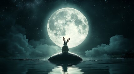 Wall Mural - adorable rabbit hopping across the surface of a glowing realistic floating moon