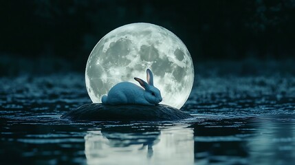 Wall Mural - realistic luminous moon floating gently with a charming rabbit lying peacefully on top