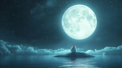 Wall Mural - soft glowing moon floating serenely with an adorable rabbit perched on its surface