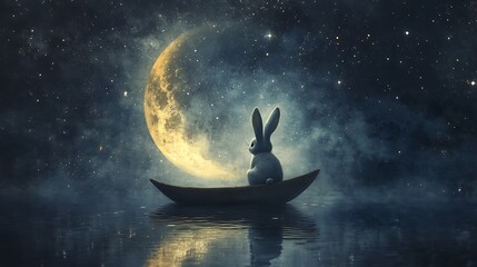 Wall Mural - floating moon with a whimsical rabbit sitting quietly under a calm celestial night