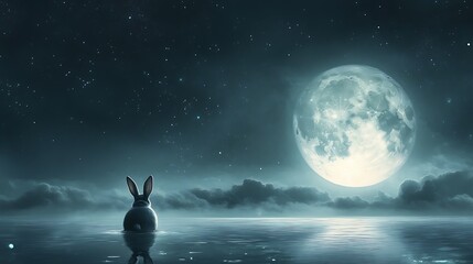 Wall Mural - floating moon with a whimsical rabbit sitting quietly under a calm celestial night