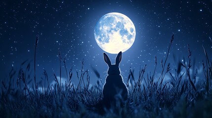 Wall Mural - floating realistic moon shining brightly with a rabbit enjoying the calm of the night