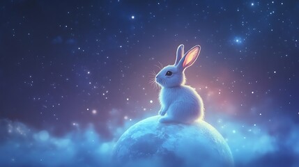 Wall Mural - cute rabbit perched atop a softly glowing floating moon in a tranquil starry scene