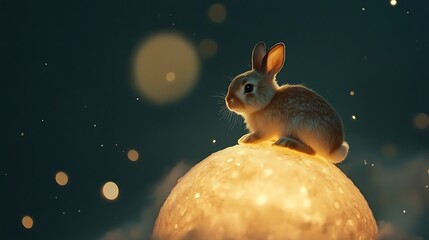 Wall Mural - cute rabbit perched atop a softly glowing floating moon in a tranquil starry scene