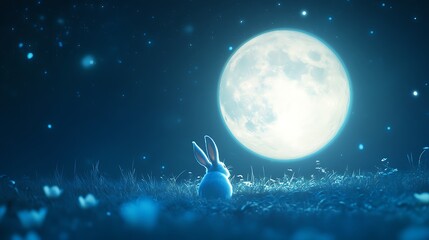 Wall Mural - floating moon glowing warmly with a rabbit enjoying the serenity of a celestial backdrop