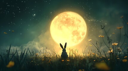 Wall Mural - floating moon glowing warmly with a rabbit enjoying the serenity of a celestial backdrop