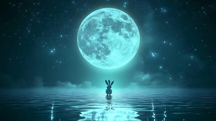 Wall Mural - realistic floating moon with a playful rabbit hopping across its glowing surface