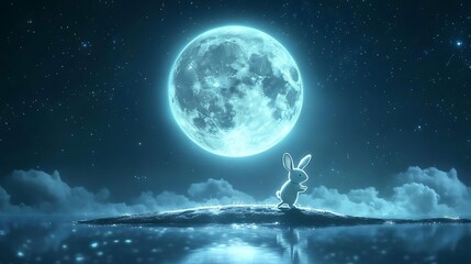 Wall Mural - realistic floating moon with a playful rabbit hopping across its glowing surface