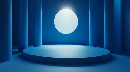 Poster - Bright circular light illuminated in a minimalist blue cylindrical space. 