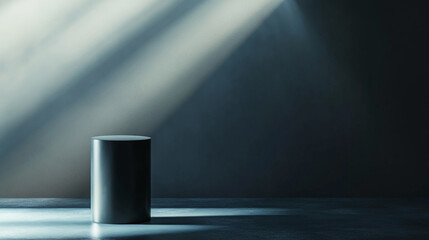 Poster - Dark studio environment with spotlight illuminating a central cylinder. 