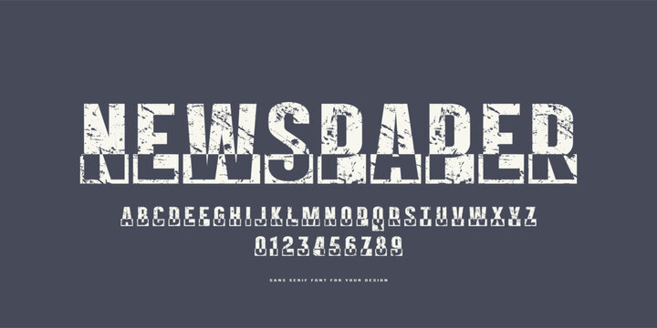 Decorative sans serif font in the sport style. Letters and numbers with rough texture for logo and emblem design. White print on gray background