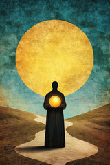 Wall Mural -  Tarot card and Gypsy card, A silhouetted figure holds a glowing orb, standing on a winding path beneath a large, radiant sun against a textured, colorful background.