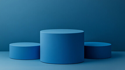 Poster - Blue geometric display with circular shapes on a solid background in minimal design. 