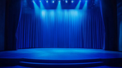 Poster - Stage set with blue lighting for a performance in a theater setting. 