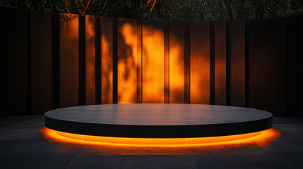 Poster - Circular stage with warm orange lighting in a tranquil outdoor setting. 