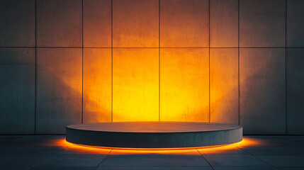 Poster - Illuminated circular platform against modern textured wall in evening light. 