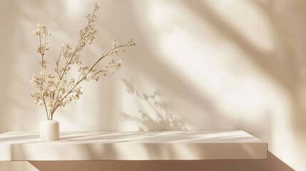 Poster - Elegant white vase with delicate flowers casting shadows in soft light. 