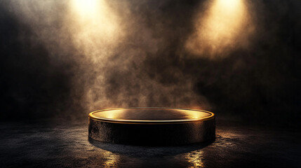 Poster - A circular podium stands at the center of a dimly lit space, illuminated by warm spotlights