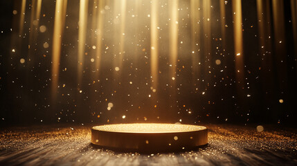 Poster - bright golden spotlight shines down on a circular stage with glittering particles.