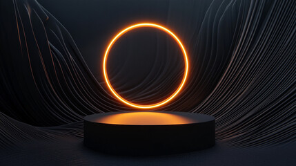 Poster - Glowing circular design illuminated in a dark abstract space. 