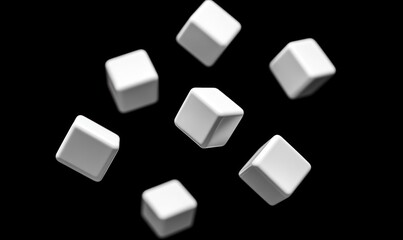 Poster - Seven white cubes float against a black background.