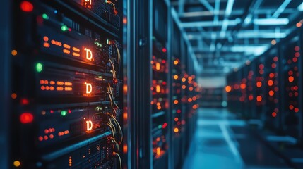 Canvas Print - selective focus shot of interior of crypto mining factory with racks of computers with copy space