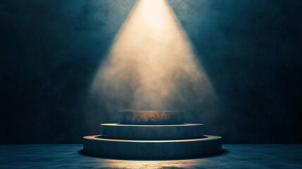 Poster - Illuminated circular platform surrounded by mist in a dimly lit space. 