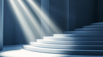 Poster - Light beams illuminate a serene staircase in a tranquil indoor setting. 