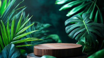 Poster - Tropical greenery surrounds a wooden display pedestal in a serene setting. 