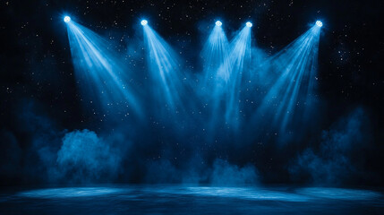 Poster - Bright blue stage lights illuminate a foggy performance area at night. 