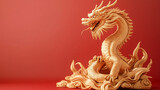 Majestic golden dragon statue on a vibrant red background, perfect for Chinese New Year, Lunar New Year, and Asian-themed designs. Ample copy space for personalized text and decorative elements.