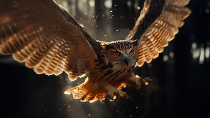 Wall Mural - An owl flying in the dark. Owl flying dark background brown wings flight. Owls in flight with brown wings. The owl is flying in the dark lifestyle.