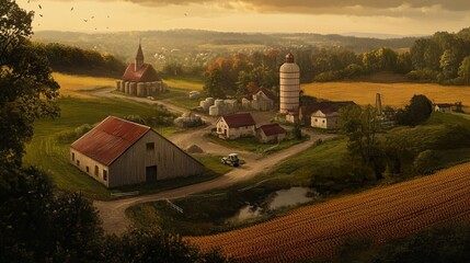 Wall Mural - Serene Countryside Landscape: Farm, Church, and Golden Hour