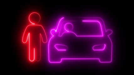 icon of one people driving a car with a glowing neon effect Glowing neon pink and red color man car icon isolated on black background.